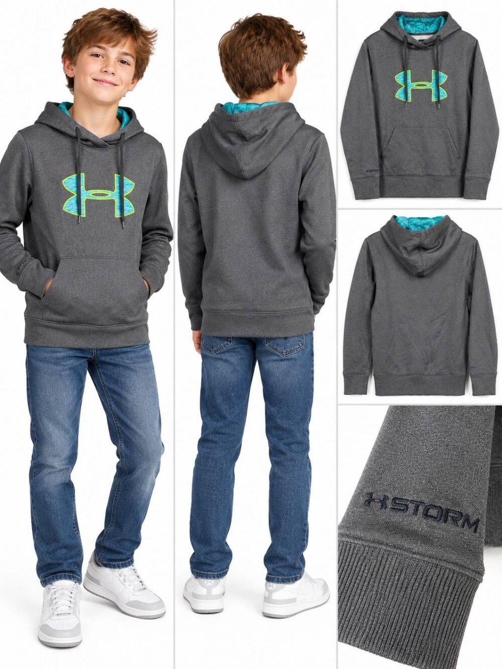 Under Armour Storm Hoodie Youth Large Gray Neon Logo